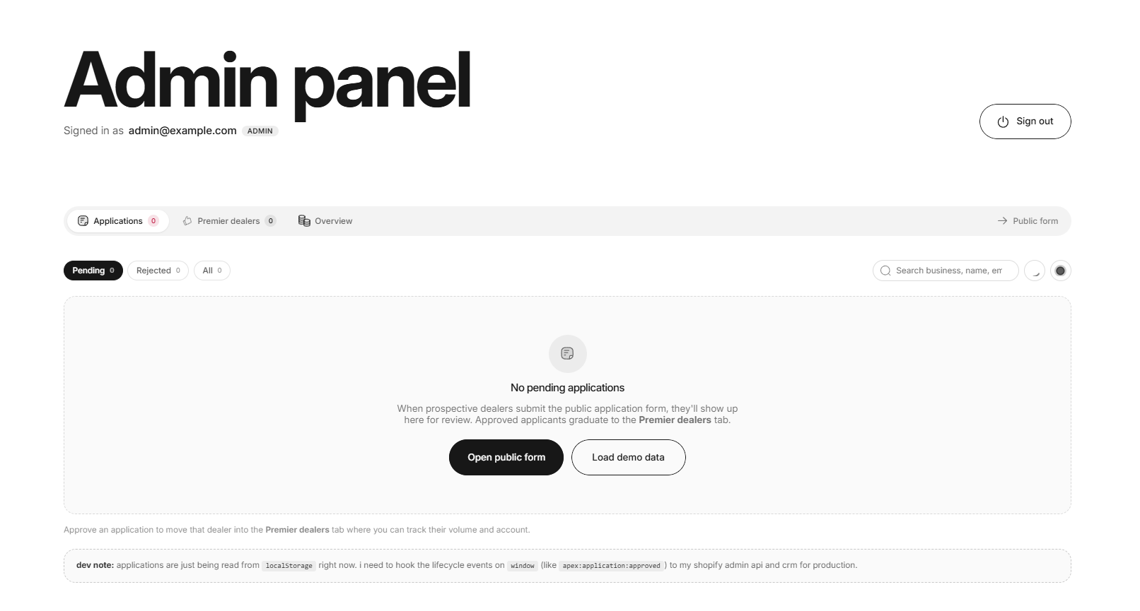Applications tab empty